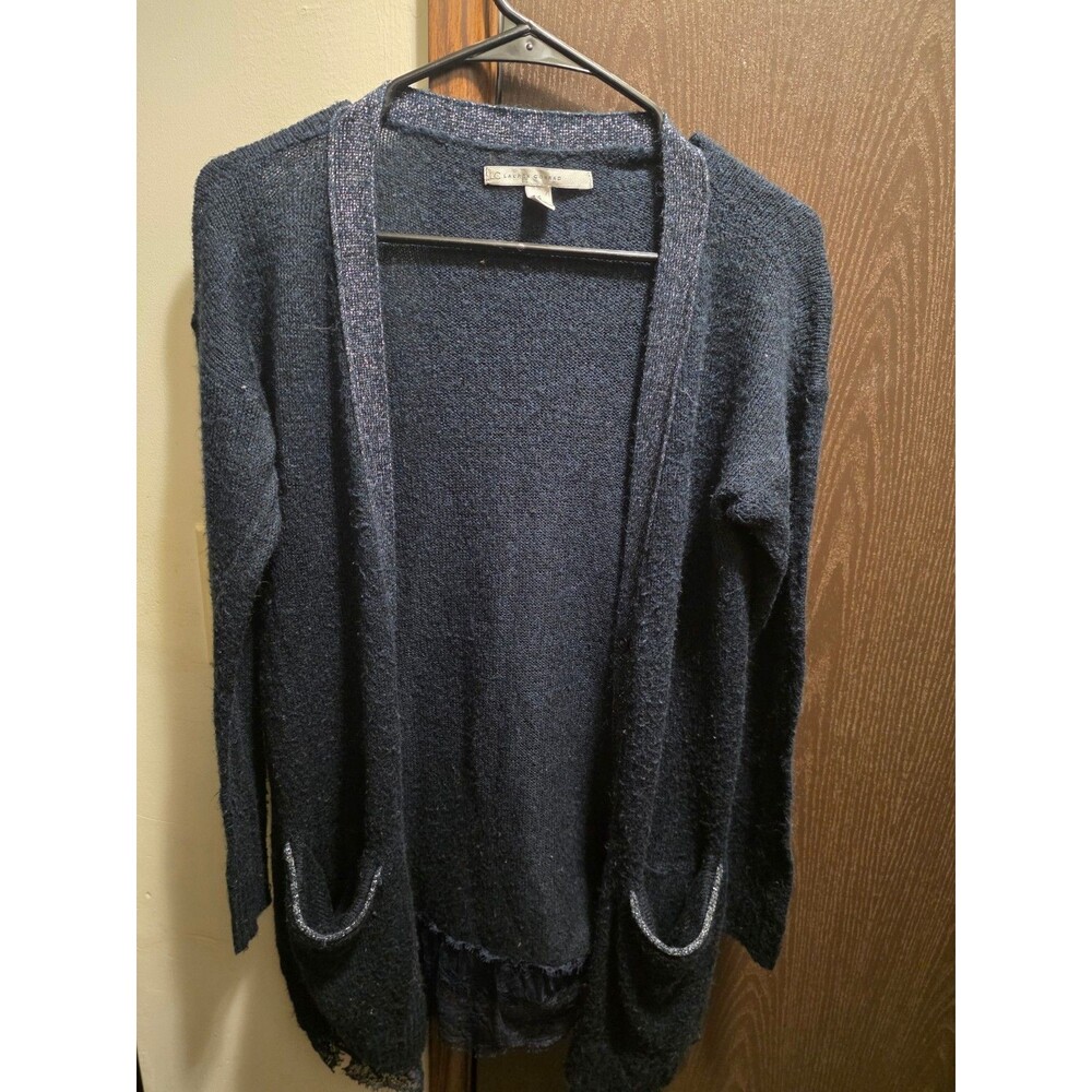 LC Lauren Conrad Navy Blue Open Front Cardigan Sparkle Trim Pockets Lace Hem